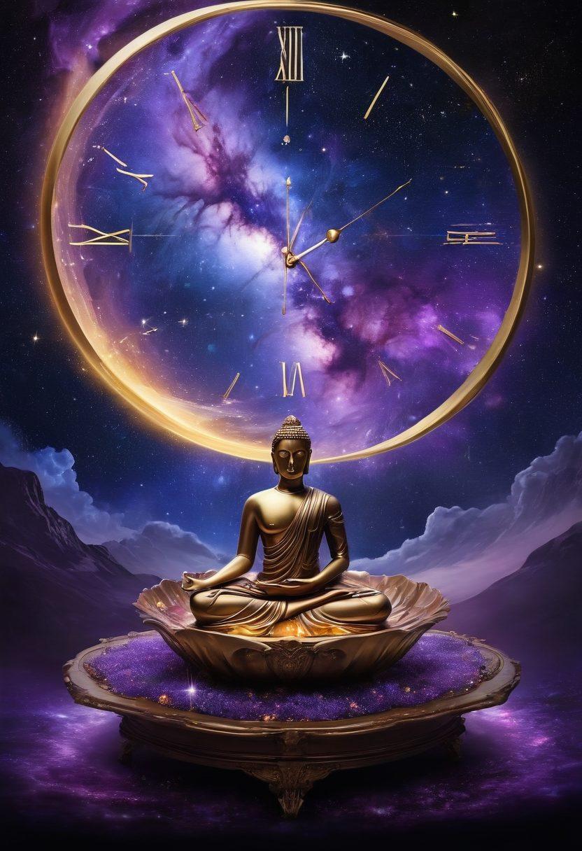 A mystical landscape featuring a serene figure meditating under a swirling cosmos filled with stars and energy, symbolizing self-improvement. Integrate elements like clocks warped by time, shimmering spoons bending in mid-air, and ethereal light beams illuminating the scene. Surround this centerpiece with ancient texts and symbols of power, reflecting Uri Geller's journey. Galactic colors like deep blues, purples, and sparkling golds enhance the atmosphere. surrealism. vibrant colors. cosmic background.