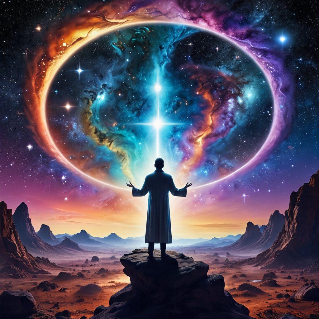 A surreal cosmic landscape depicting an ethereal figure resembling Uri Geller, surrounded by swirling galaxies, shimmering stars, and abstract representations of psychic energy. Incorporate symbols of telekinesis and mysticism, like floating objects and a glowing aura. The scene should evoke wonder and mystery, inviting curiosity about the universe's secrets. vibrant colors. cosmic theme. 3D.