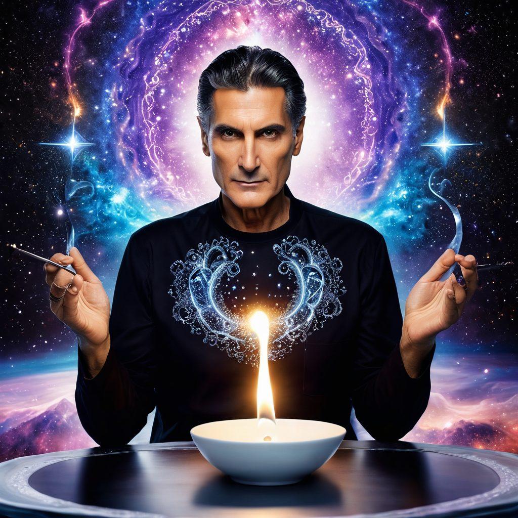 A mystical scene featuring Uri Geller in a meditative pose, surrounded by shimmering energy waves and telepathic symbols radiating around him. Include a backdrop of swirling galaxies and ethereal light to emphasize the connection between mind and energy. Add a faint image of a crystal and a spoon bending subtly in the foreground, symbolizing his famous abilities. Stylized with vibrant colors and a dreamlike atmosphere.